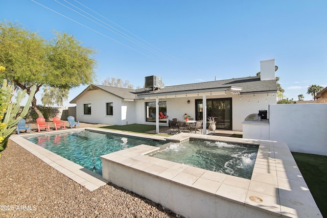 8730 E Montecito Ave, Scottsdale, AZ 85251 - back of house featuring an in ground hot tub, a patio area, fence, cooling unit, and a fenced in pool