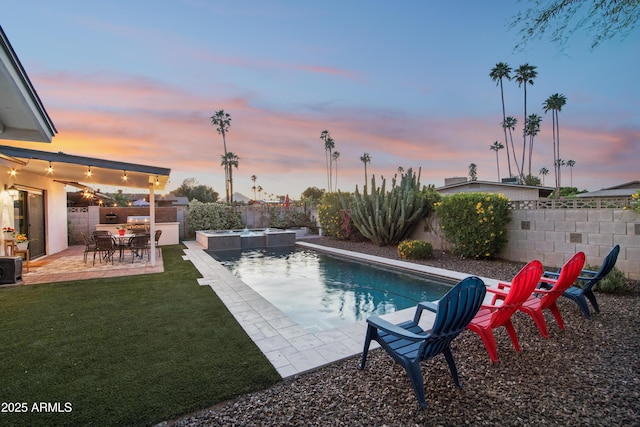 8730 E Montecito Ave, Scottsdale, AZ 85251 - view of swimming pool featuring a fenced backyard, a yard, a patio area, and a pool with connected hot tub