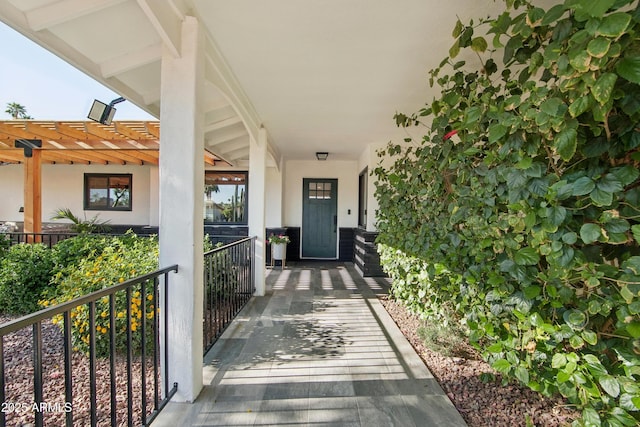 8730 E Montecito Ave, Scottsdale, AZ 85251 - property entrance with stucco siding, a pergola, and covered porch