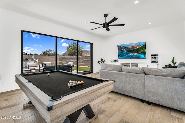 20716 E Pummelos Rd, Queen Creek, AZ 85142 - recreation room featuring wood finished floors, billiards table, a ceiling fan, and recessed lighting