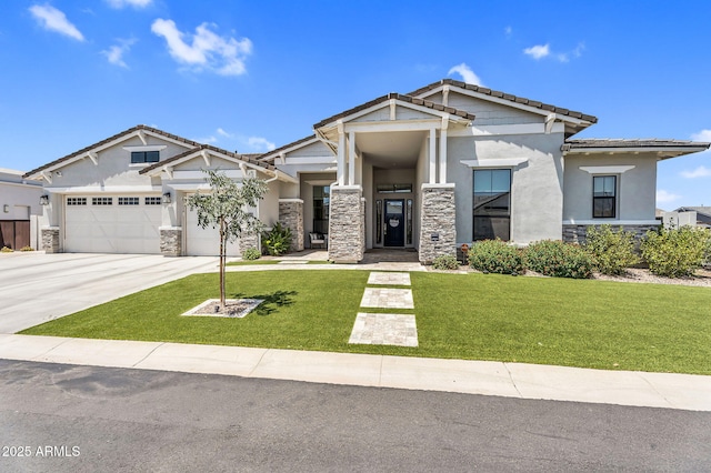 20716 E Pummelos Rd, Queen Creek, AZ 85142 - craftsman inspired home with stone siding, concrete driveway, stucco siding, a garage, and a front lawn