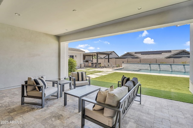 20716 E Pummelos Rd, Queen Creek, AZ 85142 - fenced backyard featuring an outdoor hangout area and a patio