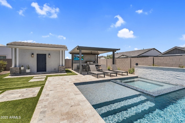 20716 E Pummelos Rd, Queen Creek, AZ 85142 - view of pool with a patio, a fenced backyard, a pool with connected hot tub, and a gazebo