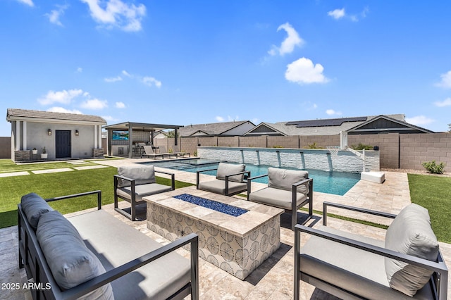 20716 E Pummelos Rd, Queen Creek, AZ 85142 - fenced backyard with an outdoor living space with a fire pit, a patio area, and an outdoor structure