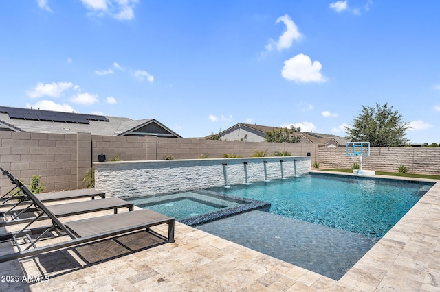 20716 E Pummelos Rd, Queen Creek, AZ 85142 - view of swimming pool featuring a fenced backyard, a patio area, and a pool with connected hot tub