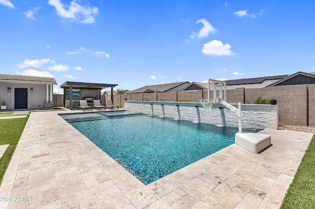 20716 E Pummelos Rd, Queen Creek, AZ 85142 - view of swimming pool with a fenced backyard, a patio, an outdoor structure, and outdoor lounge area
