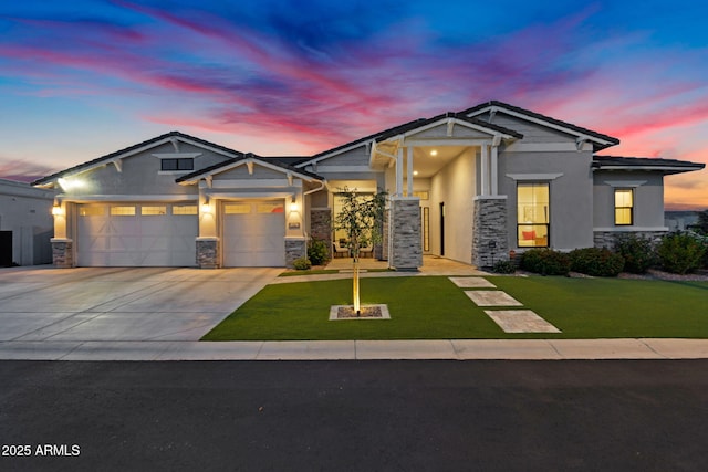 20716 E Pummelos Rd, Queen Creek, AZ 85142 - craftsman inspired home featuring stone siding, a garage, concrete driveway, stucco siding, and a front lawn