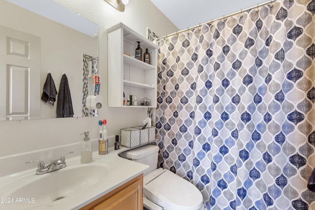 bathroom featuring vanity, toilet, and a shower with shower curtain