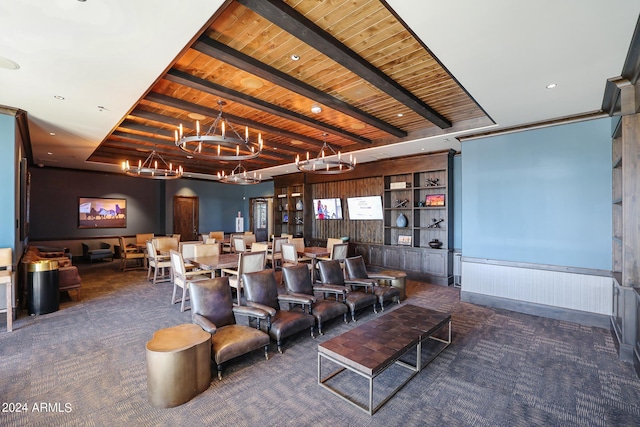 home theater room with dark carpet, beamed ceiling, wood ceiling, and a notable chandelier