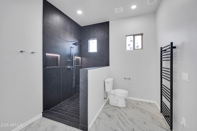 22548 W Huntington Dr, Buckeye, AZ 85326 - bathroom featuring marble finish flooring, radiator, a walk in shower, toilet, and recessed lighting