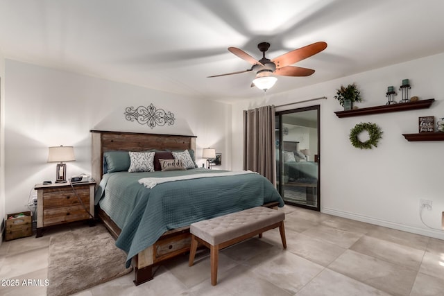 bedroom with access to exterior, ceiling fan, and baseboards