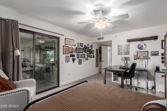 carpeted bedroom featuring baseboards, a ceiling fan, visible vents, and access to exterior