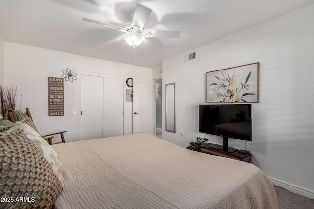 bedroom with a closet, visible vents, and a ceiling fan