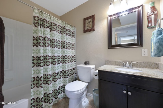 full bathroom with toilet, tile patterned flooring, shower / bathtub combination with curtain, and vanity