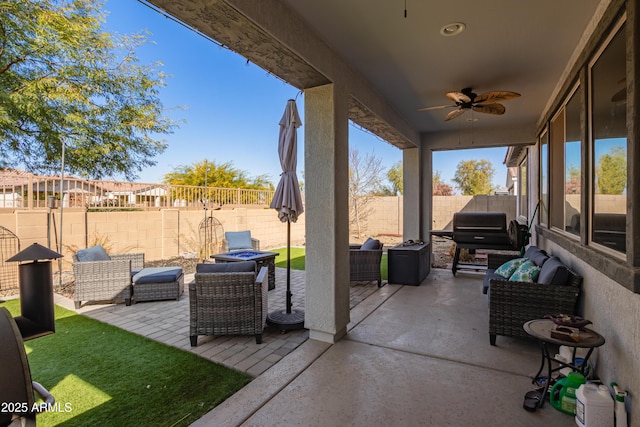 view of patio featuring a grill, an outdoor hangout area, and ceiling fan