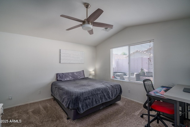 carpeted bedroom featuring baseboards, visible vents, ceiling fan, and vaulted ceiling