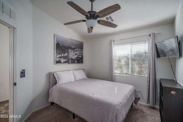 bedroom with baseboards, carpet, a ceiling fan, and visible vents