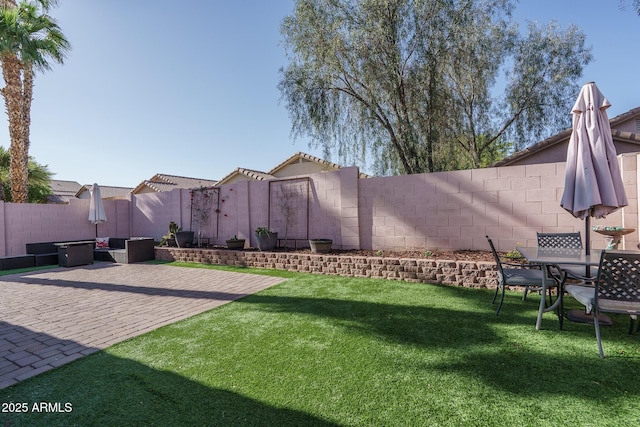 view of yard featuring a patio and a fenced backyard