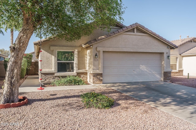 ranch-style house with a garage, stucco siding, stone siding, and concrete driveway