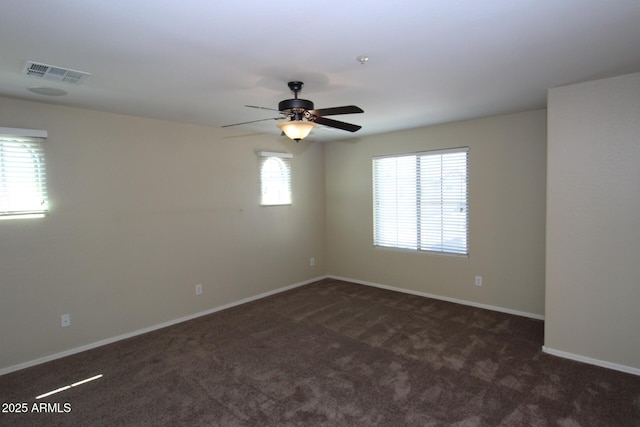 carpeted spare room with a wealth of natural light and ceiling fan