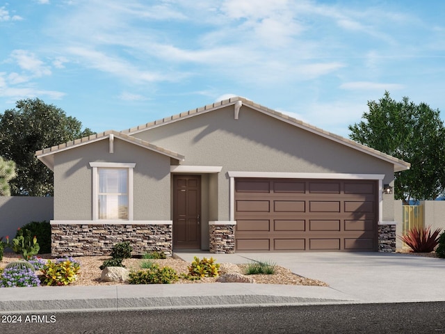 single story home featuring a garage, stone siding, driveway, and stucco siding