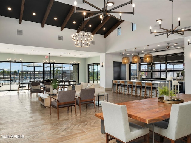 dining area featuring high vaulted ceiling, beam ceiling, visible vents, and an inviting chandelier