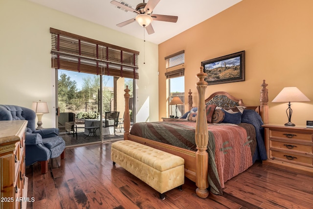 bedroom featuring ceiling fan, hardwood / wood-style floors, and access to exterior