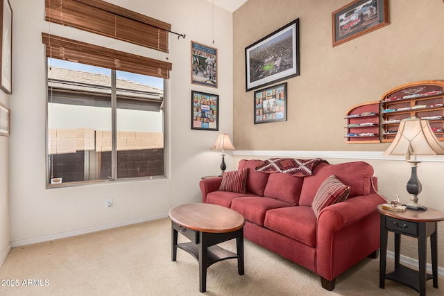 living room with baseboards and carpet flooring