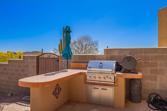 10657 E Cloudview Ave, Gold Canyon, AZ 85118 - view of patio / terrace with exterior kitchen, fence, and a grill