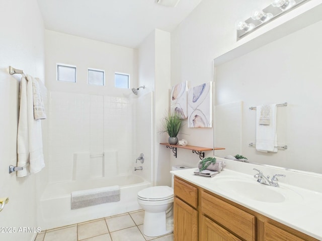 bathroom featuring  shower combination, vanity, toilet, and tile patterned floors