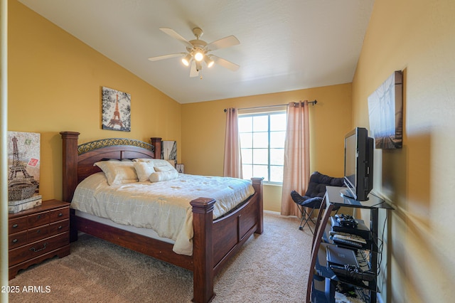 carpeted bedroom featuring a ceiling fan and lofted ceiling