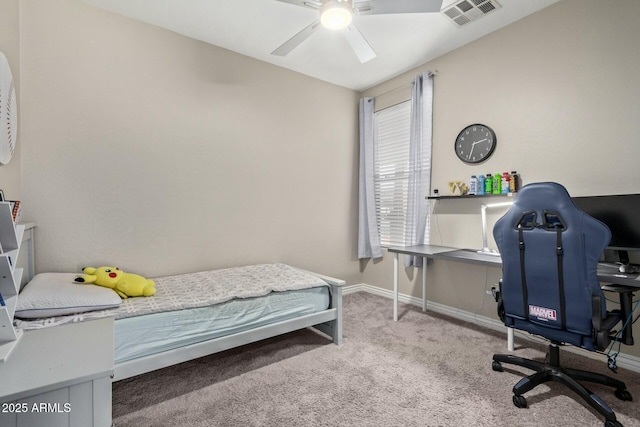 carpeted bedroom with ceiling fan