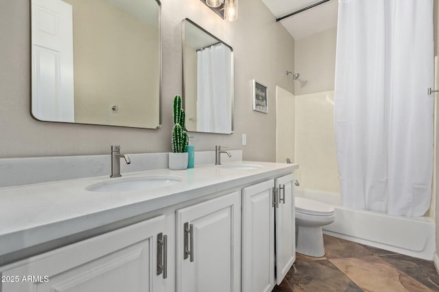 full bathroom featuring toilet, vanity, and shower / bath combination with curtain