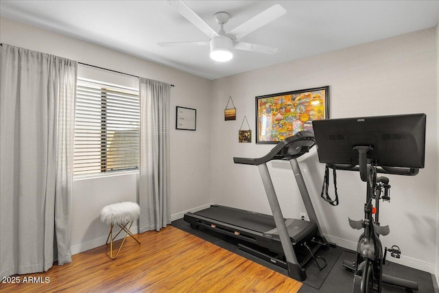 exercise area with a ceiling fan, baseboards, and wood finished floors