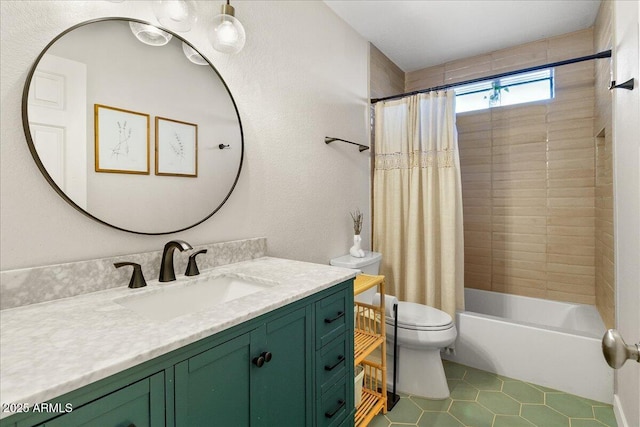 bathroom with toilet, tile patterned floors, shower / tub combo with curtain, and vanity