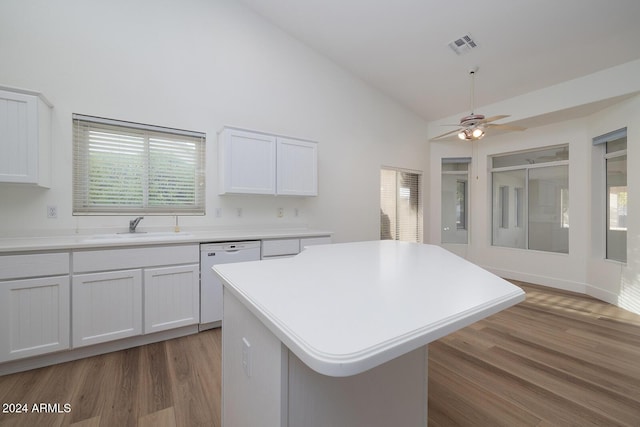 3956 N 151st Dr, Goodyear, AZ 85395 - kitchen featuring white dishwasher, a ceiling fan, high vaulted ceiling, light countertops, and white cabinetry