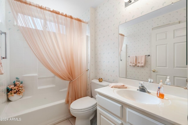 full bathroom with vanity, shower / tub combo, toilet, and tile patterned floors