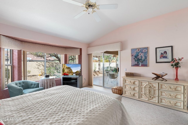 bedroom featuring access to outside, light colored carpet, vaulted ceiling, and ceiling fan