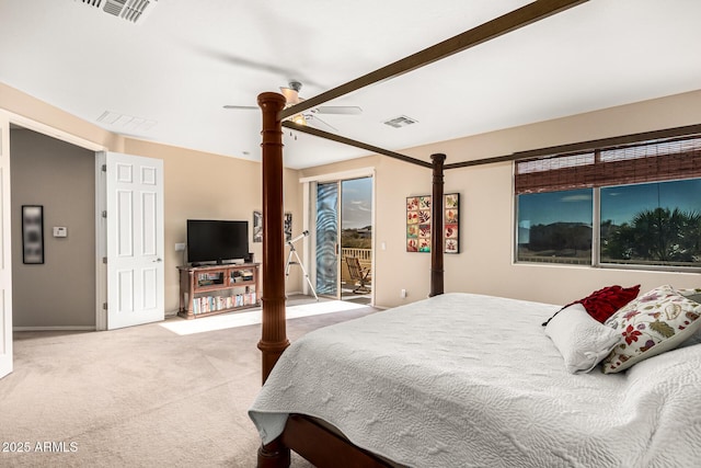 bedroom featuring access to exterior, visible vents, carpet flooring, and a ceiling fan