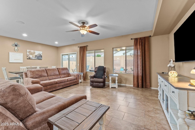 living room featuring ceiling fan