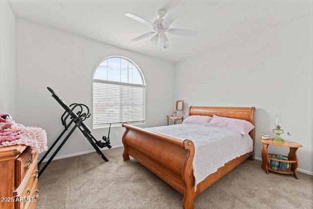 bedroom with light colored carpet and ceiling fan