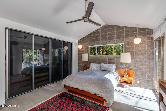 bedroom featuring vaulted ceiling, light colored carpet, and ceiling fan