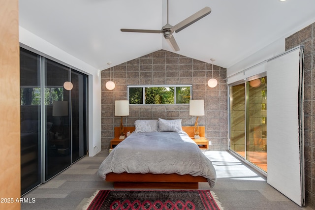 bedroom featuring vaulted ceiling, carpet, access to exterior, and ceiling fan