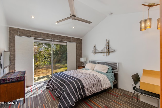 carpeted bedroom featuring lofted ceiling and ceiling fan