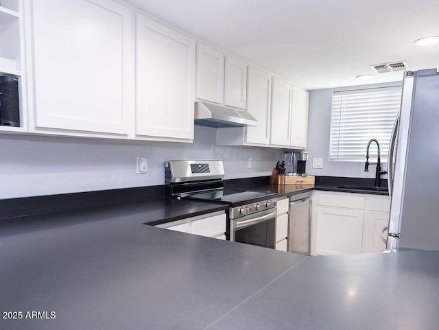 kitchen featuring stainless steel appliances, sink, and white cabinets