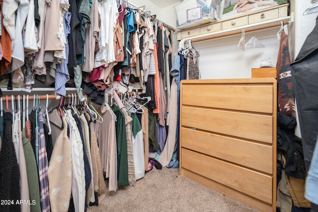 walk in closet with light colored carpet