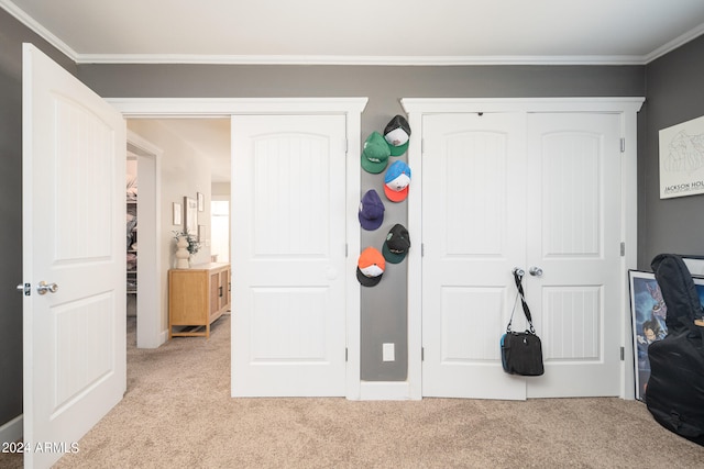 carpeted bedroom featuring crown molding and a closet