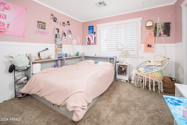 carpeted bedroom featuring ornamental molding