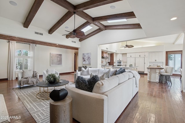 1330 N 40th St Unit 1, Mesa, AZ 85205 - living room featuring ceiling fan, wood-type flooring, beamed ceiling, recessed lighting, and high vaulted ceiling
