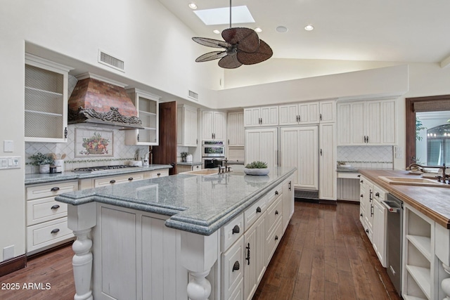 1330 N 40th St Unit 1, Mesa, AZ 85205 - kitchen with custom exhaust hood, a skylight, appliances with stainless steel finishes, decorative backsplash, and a ceiling fan